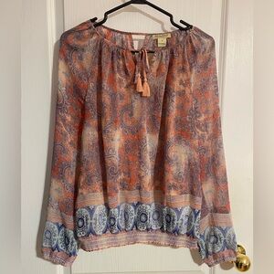 Lucky Brand Boho Tassel Tie Lightweight Coastal Paisley Sheer Blouse Size Medium
